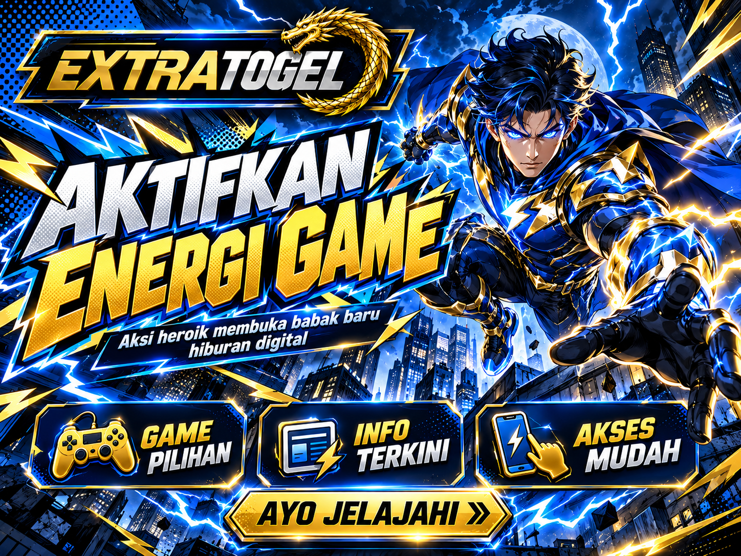 Banner EXTRATOGEL bergaya komik superhero dengan pahlawan berarmor biru dan sambaran listrik emas